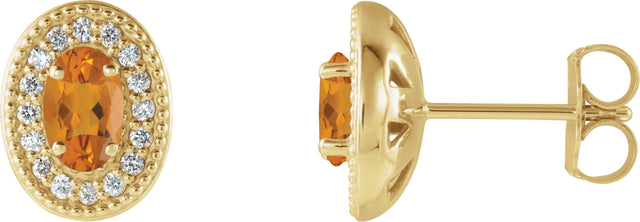 14K Gold Natural Citrine & Natural Diamond Oval 4-Prong Halo-Style Earrings - Yellow Gold