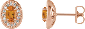 14K Gold Natural Citrine & Natural Diamond Oval 4-Prong Halo-Style Earrings - Rose Gold