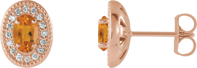 14K Gold Natural Citrine & Natural Diamond Oval 4-Prong Halo-Style Earrings - Rose Gold