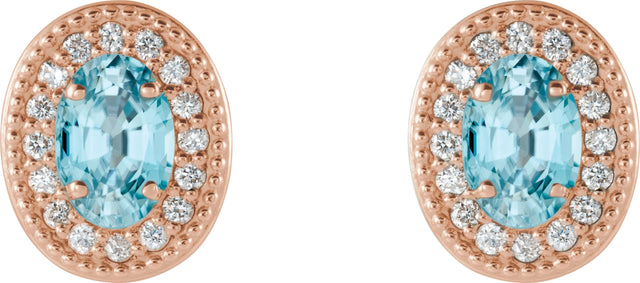 14K Gold Natural Blue Zircon & Natural Diamond Oval 4-Prong Halo-Style Earrings - Rose Gold - view 2