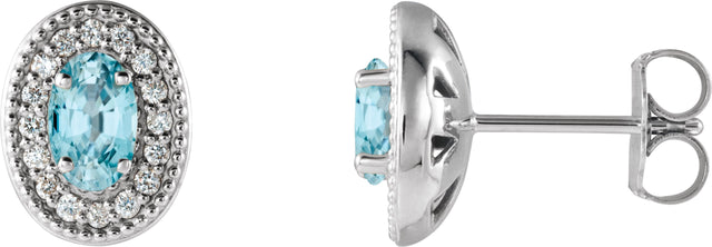 14K Gold Natural Blue Zircon & Natural Diamond Oval 4-Prong Halo-Style Earrings - White Gold