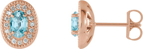 14K Gold Natural Blue Zircon & Natural Diamond Oval 4-Prong Halo-Style Earrings - Rose Gold