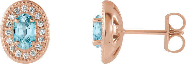 14K Gold Natural Blue Zircon & Natural Diamond Oval 4-Prong Halo-Style Earrings - Rose Gold
