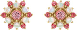 14K Gold Round Natural Pink Tourmaline & Natural Ethiopian Opal Accented Cabochon Earrings - Yellow Gold - view 2