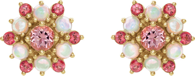 14K Gold Round Natural Pink Tourmaline & Natural Ethiopian Opal Accented Cabochon Earrings - Yellow Gold - view 2