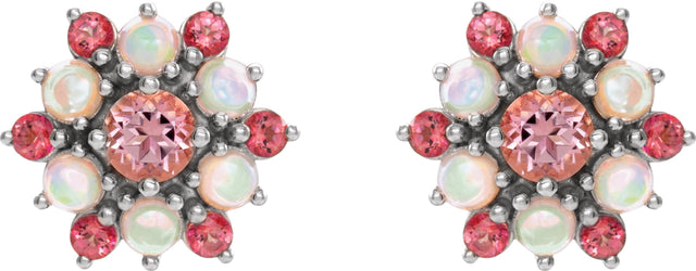 14K Gold Round Natural Pink Tourmaline & Natural Ethiopian Opal Accented Cabochon Earrings - White Gold - view 2