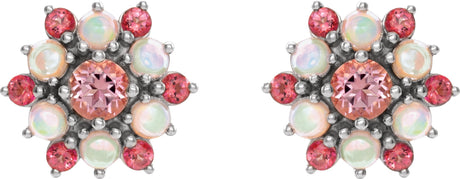Platinum Round Natural Pink Tourmaline & Natural Ethiopian Opal Accented Cabochon Earrings - view 2