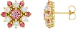 14K Gold Round Natural Pink Tourmaline & Natural Ethiopian Opal Accented Cabochon Earrings - Yellow Gold