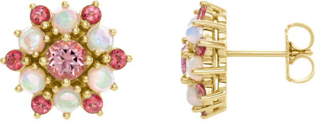 14K Gold Round Natural Pink Tourmaline & Natural Ethiopian Opal Accented Cabochon Earrings - Yellow Gold