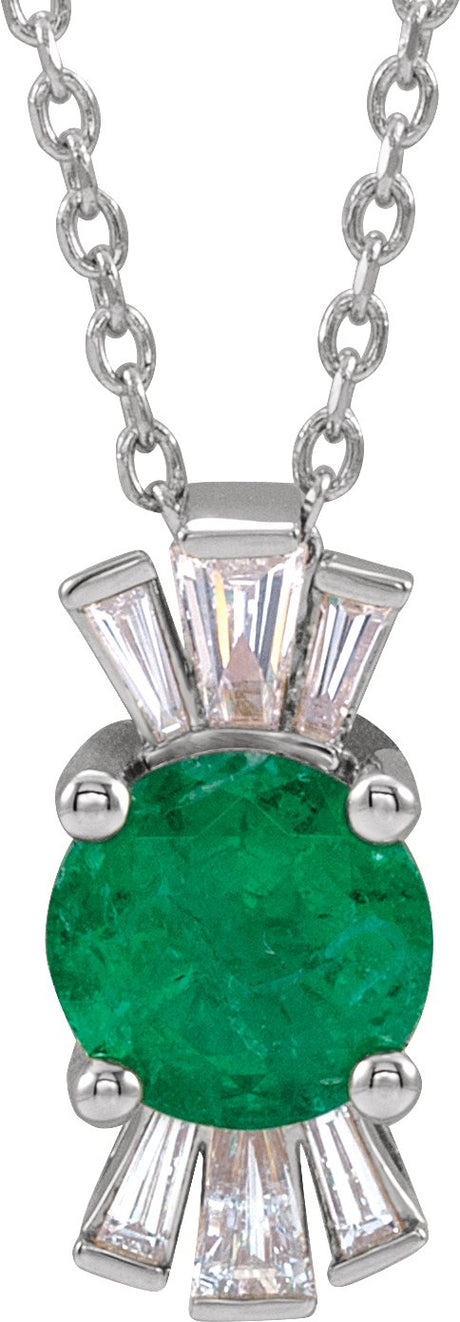 14K Gold Round Natural Emerald & Natural Diamond Accented Necklace or Pendant – 1/6 CTW - White Gold