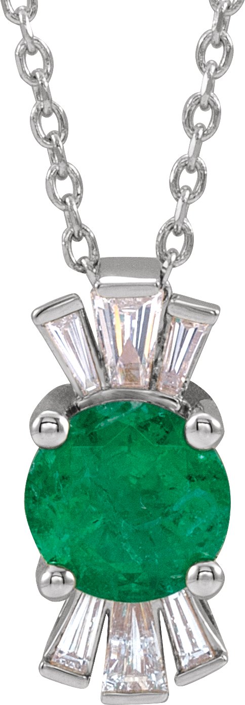 14K Gold Round Natural Emerald & Natural Diamond Accented Necklace or Pendant – 1/6 CTW - White Gold