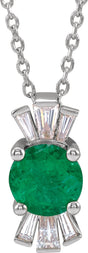 Platinum Round Natural Emerald & Natural Diamond Accented Necklace or Pendant – 1/6 CTW