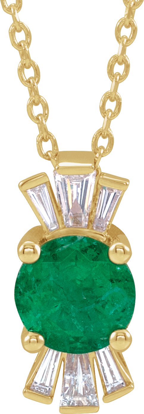 14K Gold Round Lab-Grown Emerald & Natural Diamond Accented Necklace or Pendant – 1/6 CTW - Yellow Gold