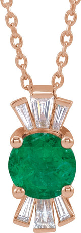 14K Gold Round Lab-Grown Emerald & Natural Diamond Accented Necklace or Pendant – 1/6 CTW - Rose Gold