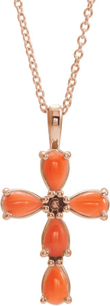 14K Gold Pear Natural Pink Coral Beaded Cross Necklace or Pendant - Rose Gold