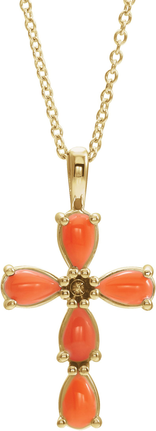 14K Gold Pear Natural Pink Coral Beaded Cross Necklace or Pendant - Yellow Gold