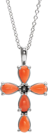 Platinum Pear Natural Pink Coral Beaded Cross Necklace or Pendant