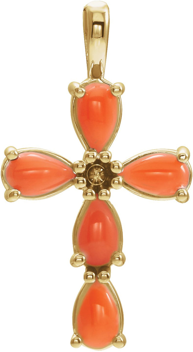 14K Gold Pear Natural Pink Coral Beaded Cross Necklace or Pendant - Yellow Gold