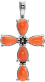 Platinum Pear Natural Pink Coral Beaded Cross Necklace or Pendant