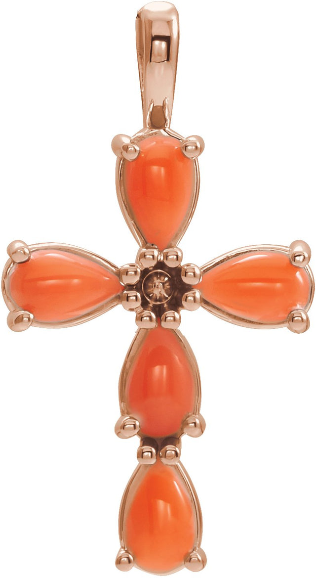14K Gold Pear Natural Pink Coral Beaded Cross Necklace or Pendant - Rose Gold