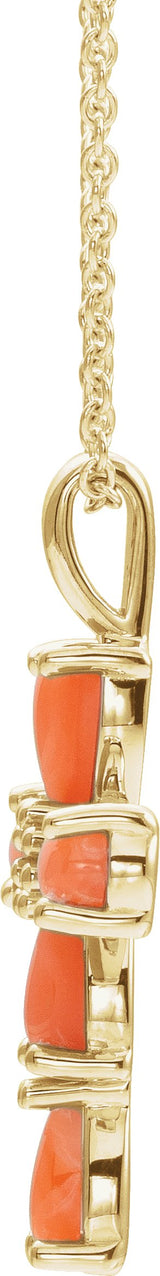 14K Gold Pear Natural Pink Coral Beaded Cross Necklace or Pendant - Yellow Gold - view 2