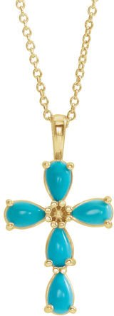14K Gold Pear Natural Turquoise Beaded Cross Necklace or Pendant - Yellow Gold