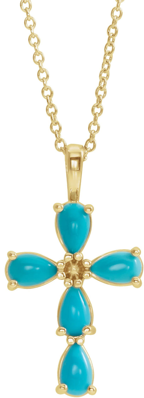14K Gold Pear Natural Turquoise Beaded Cross Necklace or Pendant - Yellow Gold
