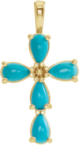 14K Gold Pear Natural Turquoise Beaded Cross Necklace or Pendant - Yellow Gold