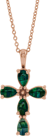 14K Gold Pear Lab-Grown Mosaic Opal Beaded Cross Necklace or Pendant - Rose Gold