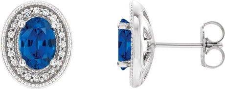 Platinum Lab-Grown Blue Sapphire & Natural Diamond Oval 4-Prong Halo-Style Earrings – 5x3mm