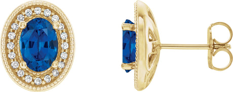 14K Gold Lab-Grown Blue Sapphire & Natural Diamond Oval 4-Prong Halo-Style Earrings – 5x3mm - Yellow Gold