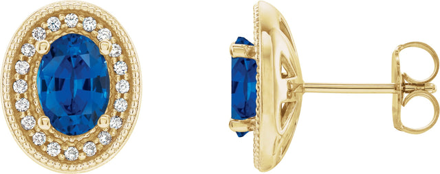14K Gold Natural Blue Sapphire & Natural Diamond Oval 4-Prong Halo-Style Earrings - Yellow Gold