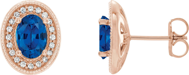 14K Gold Natural Blue Sapphire & Natural Diamond Oval 4-Prong Halo-Style Earrings - Rose Gold