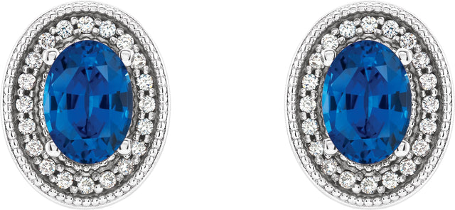 Platinum Natural Blue Sapphire & Natural Diamond Oval 4-Prong Halo-Style Earrings - view 2