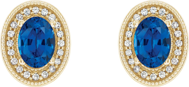 14K Gold Lab-Grown Blue Sapphire & Natural Diamond Oval 4-Prong Halo-Style Earrings – 5x3mm - Yellow Gold - view 2