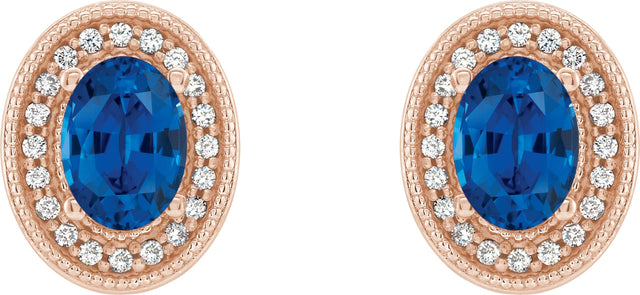 14K Gold Natural Blue Sapphire & Natural Diamond Oval 4-Prong Halo-Style Earrings - Rose Gold - view 2