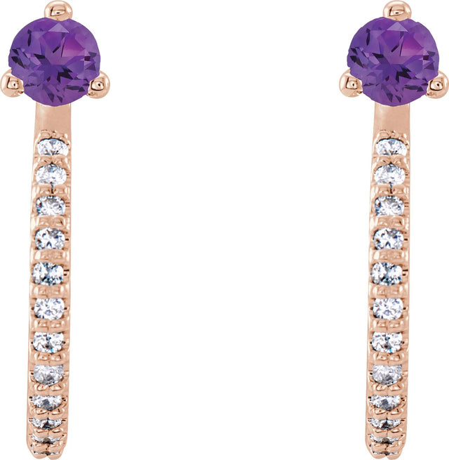 14K Gold Round Natural Amethyst Accented J-Hoop Earrings - Rose Gold - view 5