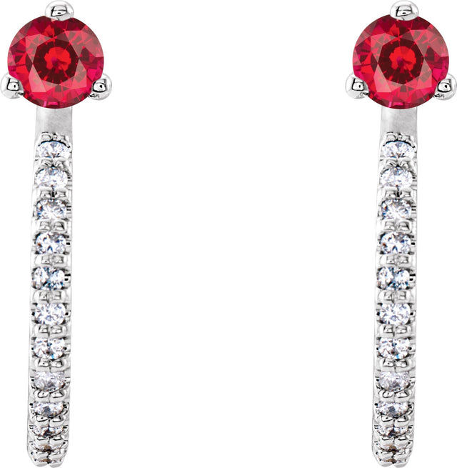14K Gold Round Natural Ruby Accented J-Hoop Earrings - White Gold - view 5