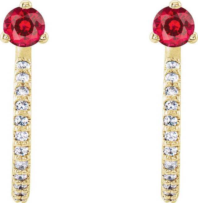 14K Gold Round Natural Ruby Accented J-Hoop Earrings - Yellow Gold - view 5