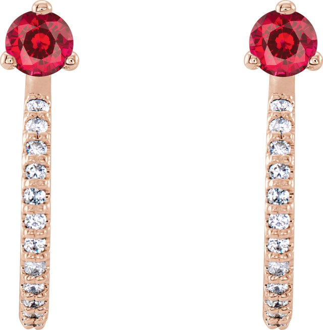 14K Gold Round Natural Ruby Accented J-Hoop Earrings - Rose Gold - view 5