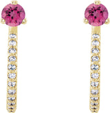 14K Gold Round Natural Pink Tourmaline Accented J-Hoop Earrings - Yellow Gold - view 5