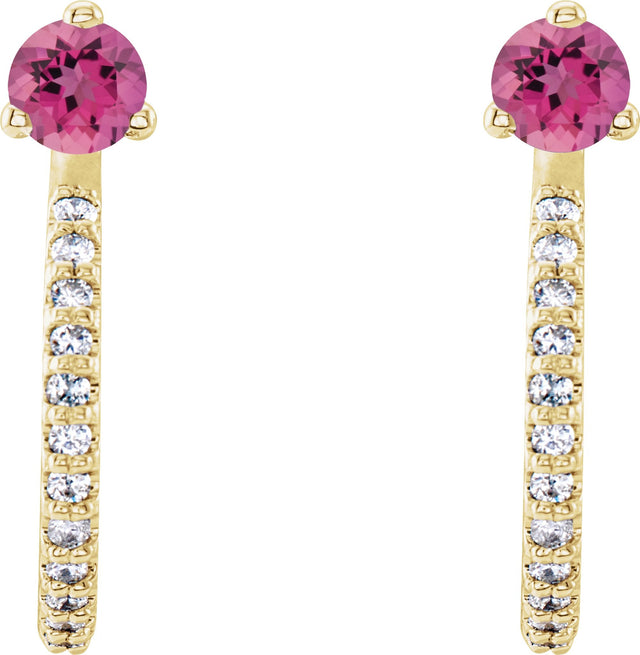 14K Gold Round Natural Pink Tourmaline Accented J-Hoop Earrings - Yellow Gold - view 5