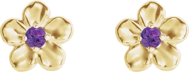 14K Gold Round Amethyst Youth Flower Earrings - Yellow Gold - view 2