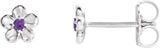 14K Gold Round Amethyst Youth Flower Earrings - White Gold