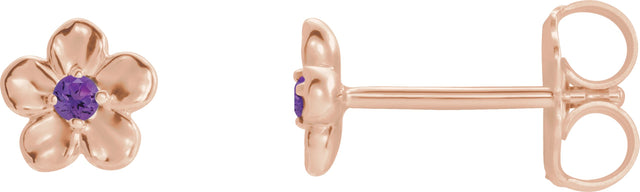 14K Gold Round Amethyst Youth Flower Earrings - Rose Gold