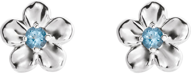 14K Gold Round Aquamarine Youth Flower Earrings - White Gold - view 2