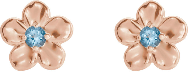 14K Gold Round Aquamarine Youth Flower Earrings - Rose Gold - view 2