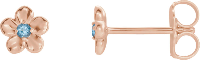 14K Gold Round Aquamarine Youth Flower Earrings - Rose Gold