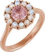 14K Gold Round Natural Pink Morganite & Natural Ethiopian Opal Halo-Style Ring - Rose Gold