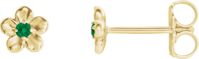 14K Gold Round Emerald Youth Flower Earrings - Yellow Gold